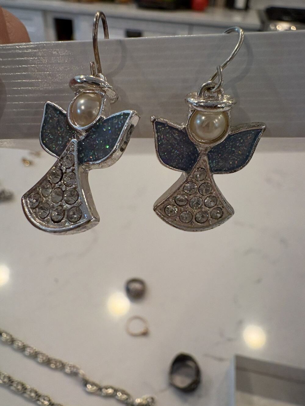 VTG Kenneth Cole Silver Tone Xmas Angel Dangle Earrings BlueEnamel/Gem/fauxpearl